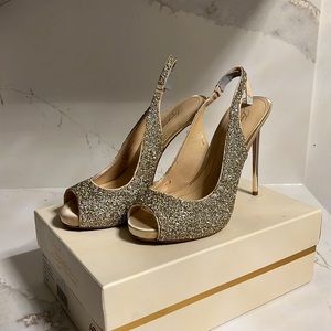 Vince Camuto beaded peep toe sling back high-heeled shoe, size 8 1/2 worn once